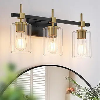 Asnxcju 3-Light Black and Gold Bathroom Light Fixtures, Vanity Lights for Bathroom with Textured Glass Shade, Modern Vanity Wall Lighting Over Mirror, Vintage Wall Lamp for Living Room Cabinet Hallway