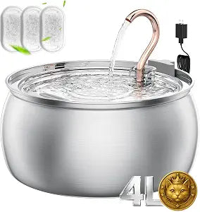 Cat Water Fountain Stainless Steel 135oz/4.0L - Pure Copper Water Spout - 25dB Ultra Quiet Cat Water Dispenser Includes 3 Replacement Filters, Pet Drinking Fountain for Cats, Dogs & Multiple Pets