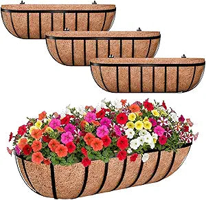 ZeeDix 4 Pack 24 Inch Railing Planter Box, Metal Window Boxes with Coco Liners for Railing, Hanging Flower Boxes for Deck Porch Balcony & Fence Outdoor Indoor Lawn