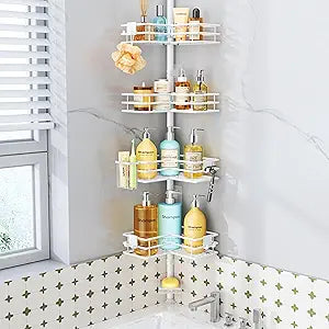 HapiRm Corner Shower Caddy Organizer - Shower Organizer Corner with Soap Holder, Toothbrush Holder and 4 Hooks, Rustproof Bathroom Shelf Tension Pole Available for 27.6 to 108.3 Inch - White