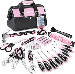 WORKPRO Pink Tool Set, 277 PCS Home Repairing Tool Kit, Pink Tool Bag with 13-Inch Wide Mouth Open Storage Bag, Portable Home Tool Kit Including Hammer, Screwdriver, and Household Tools - Pink Ribbon