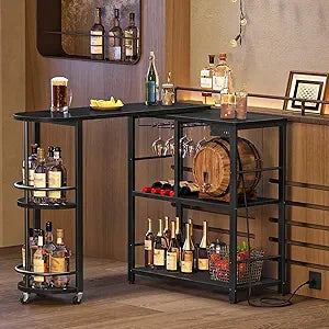 HOOBRO L-Shaped Bar Table, Home Bar Unit with Charging Station, 3-Tier Shelves with Wine Rack, 360 Extendable Bar Table on Wheels, Corner Mini Coffee Cabinet, for Pub, Kitchen, Black BB183UBT01