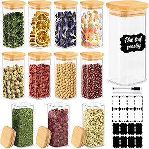 TBWIND 12 Pack 10 oz Square Glass Spice Jars with Lids and Labels  Airtight Small Spice Containers Set, Clear Glass Storage Jars for Seasoning, Spices, Kitchen Pantry Organization