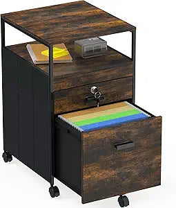 SHW Box File Rolling Mobile Cabinet with Open Shelf and Lockable Drawer, Rustic Brown