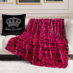 Juicy Couture Luxurious Throw Blanket for Couch - 50 x 70 Inches - Crown Royal Blanket - Plush & Cozy Throw Blanket - Decorative Blankets for Sofas, Throws for Chairs, and Beds  Hot Pink/Black