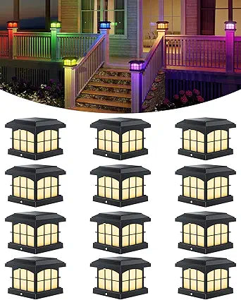 PARTPHONER RGBCW Solar Post Cap Lights 12-Pack, 9 Colors 3 Modes Fence Cap Lights, Bright Solar Outdoor Waterproof LED Deck Lighting for Fence Garden Deck Patio Porch Decor 4x4 Vinyl/Wood, Black