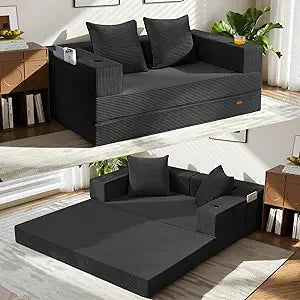 COMAX Futon Sofa Bed, 4in1 Convertible Sofa Bed, Folding Boneless Couches for Living Room, Fold Out Small Foldable Loveseat Floor Sleeper Comfy Mattress Lounge SpaceSaving, Black