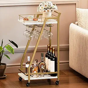 HOOBRO Bar Cart Gold, Home Bar Serving Cart, Kitchen Cart, Rolling Beverage Cart & Wine Rack and Glass Holder 2 Storage Shelves, Cocktail Cart for Home Dining Party, White and Gold DM27TC01
