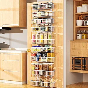 Moforoco 9-Tier White Over The Door Pantry Organizer, Pantry Organization and Storage, Black Hanging Basket Wall Spice Rack Seasoning Shelves, Home & Kitchen Bedroom Bathroom House Essentials