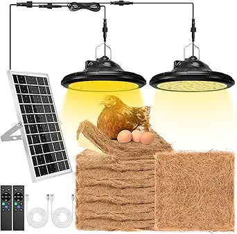 2 in 1 Solar Chicken Coop Light with Timer 6 Pcs Nesting Pads, Hanging Ceiling Pendant Heating Light for Poultry Farms Rechargeable Waterproof Solar Shed Lights for Bullpen Pig Yard Patio