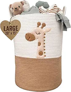 Baby Laundry Basket & Nursery Hamper  20"x15" Large Giraffe Baby Hamper for Nursery Decor, Tall Woven Rope Dirty Clothes Laundry Hamper with Handles, Safari Animal Baby Room Storage Bin (White & Tan)