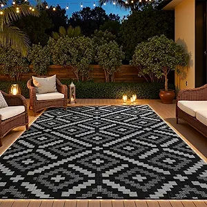 YONILE 8x10 ft Outdoor Rug Waterproof for Patio with LED Light,Large Outdoor Plastic Straw Rug,Reversible Plastic Area Rugs Mat Outside Carpet for RV, Deck, Porch, Picnic, Beach, Balcony