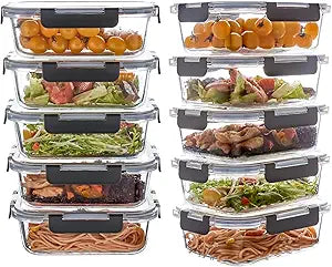 10 Pack 22 oz Glass Meal Prep Containers, Glass Food Storage Containers with Lids, Reusable Airtight Leakproof Lunch Bento Boxes Freezer, Microwave Oven and Dishwasher, Gray