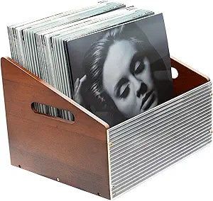 MinBoo Vinyl Record Storage Crate with Handles, Holds 60+ LP Records, 12" Acrylic & Bamboo Organizer Box for Albums, Books, Toys  Rustic Wooden Storage Box with Anti-Slip PadsBrown