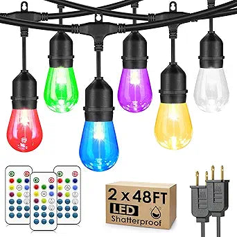Larkvue 96FT(2X48FT) RGBW Outdoor String Lights with Remote, Patio Lights with 30+3 Vintage S14 Dimmable Waterproof Bulbs for Xmas Bistro Cafe Outside