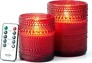 VENTA Set of 2 Red Glass Flameless Candles with Remote | Dimmable Flickering Votives, Ideal for a Romantic Dinner, Anniversaries, and Home Ambiance | Decorative Table Lamp