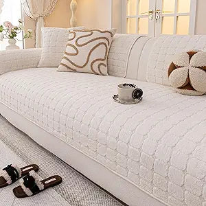 Velvet Sofa Covers Washable, Plush Warm Couch Cover for Sectional Sofa, Funny Fuzzy Couch Covers for Pets&Kids, Non-Slip Sectional Sofa Cover(1PC, Beige White, 35.4"82.7", Large Sectional)