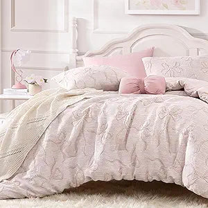 Andency Full Size Cute Comforter Set, 3 Pieces Pink Boho Tufted Bedding Set, 3D Puffy Bow Comforters for All Seasons (1 Comforter, 2 Pillow Shams) 79"x90", Soft Peach