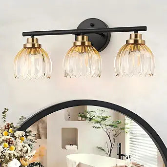 TALOYA Bathroom Light Fixtures, 3-Light Black and Gold Vanity Lights for Bathroom with Ribbed Amber Tulip Glass Shade, 19in Bathroom Vanity Lights Over Mirror for Bedroom, Living Room, Hallway