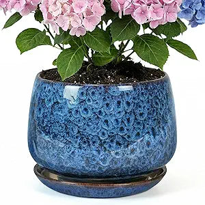 10.3 Inch Flower pots for Indoor Outdoor Plants with Saucer Drainage Leak-Proof Mesh, Ceramic Planter with Gardening Gloves for Succulent and Flower (Peacock Blue)