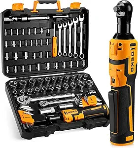 DEKOPRO Cordless Ratchet Wrenches Set1/4", 3/8", 1/2" Impact Sockets Set, 74Pcs 3/8'' Electric Ratchet Wrench Tool Kit with Adjustable Speed, LED Light for Battery