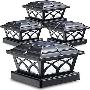 SIEDiNLAR Solar Post Cap Lights Outdoor Glass 2 Color Modes 8 LEDs for 4x4 5x5 6x6 Posts Deck Fence Patio Decoration Warm White & Cool White Lighting Black (4 Pack)