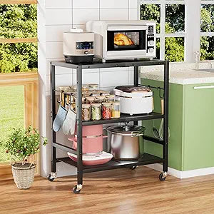 Rolling Kitchen Microwave Cart, 3 Tier Microwave Stand with Wheels, Bathroom Organizers and Storage Shelf, Serving Cart, Baker's Rack, Coffee Bar Table Station for Kitchen, Office, Black