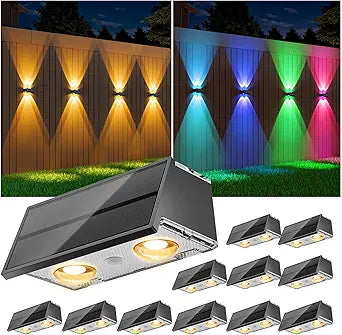 NIORSUN Solar Fence Lights,12 Pack Deck Light,Led Outdoor Lights 3000K/4500K/6000K+ RGB Up & Down Wall Lights Waterproof,Solar Powered Light for Backyard/Pool/Railing/Patio/Porch/Step Black