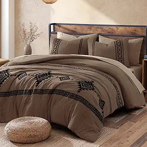 MaiRve Embroidery Comforter Set, Boho Farmhouse Western Bedding Set, All Season Bed in A Bag Comforter Set with Sheets, Pillowcases & Shams, Brown Queen 7 Pieces
