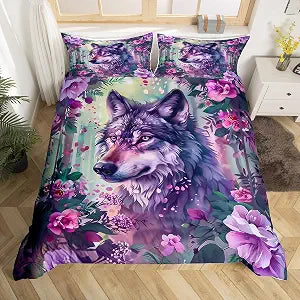 Castle Fairy Cute Wolf Bedding Set,Purple Flowers Comforter Cover Set for Teens Women Room Decor,Rose Butterfly Duvet Cover Breathable Watercolor Wolf Bedspread Cover Full Size(No Comforter)