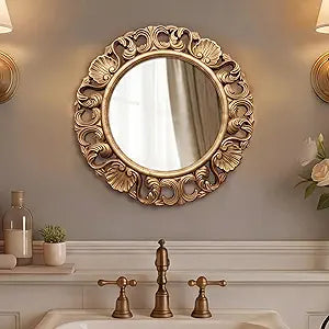 Vintage Round Wall Mirror, Ornate Baroque Carved Frame, Distressed Antique Gold Decorative Mirror for Bathroom Vanity Bedroom Living Room, 20 Inch