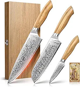 Emojoy Damascus Kitchen Knife Set, 3 PCS Japanese Chef Knife Set, 67-Layers Damascus Knife with Original Olive Wood Handle, Include Wooden Gift Box