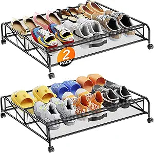 Under Bed Shoe Storage Organizer, 2 Pack Under Bed Storage Containers with Wheels for Under Bed Shoe Organizer Drawer Space Saving for bedroom