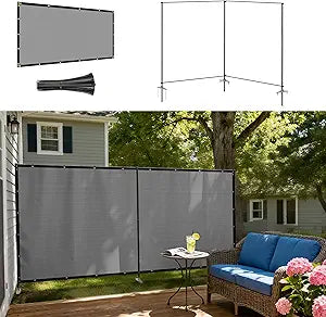 Windscreen4less Outdoor Privacy Fence Screen, 5'x12' Freestanding Privacy Fencing Set with Iron Poles and Ground Spikes, UV Resistant Mesh Cover Garden Pet Fencing for Backyard Patio Pool, Light Gray