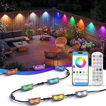 Kimjo Outdoor Fence Lights 16 Packs, 16W 24V Wired Deck Lights with 2700K-6500K Dimmable White,IP67 Outdoor Led Lights, App&Remote Controlled String Lights for for Patio Party Garden, 98.4ft