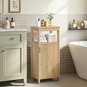 CHOEZON Bathroom Cabinet, Freestanding Bathroom Storage Cabinet with Door and Shelves, Small Floor Storage Cabinet, Narrow Bathroom Table, Fluted Door, Gold Handle, for Bathroom, Living Room, Natural