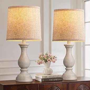 Seealle Farmhouse Table Lamps Set of 2 - Rustic Bedroom Lamps for Living Room, 22" Boho Bedside Lamp for Night Stands End Table Office Desk Lamp Nightstand Clearance Decorating with Linen Shades