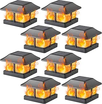 Dynaming Solar Flame Post Cap Lights Outdoor, Solar Powered Fence Post Light, Flickering Flame LED Lantern Lamps Waterproof for Garden Deck Patio, Fit 4x4 Wooden/Vinyl Posts, 8 Pack
