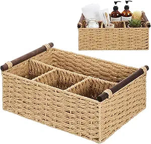 Remerry Bathroom Countertop Organizer Caddy, Wicker-Like Divided Basket with Handle and Metal Frame, 4 Compartment, Paper Rope Storage Organizer for Vanity Kitchen(Beige,15.35 x 10.24 x 6.3 in)
