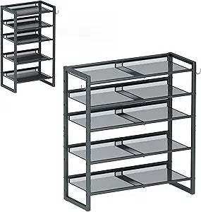 CHEMPFR Expandable Shoe Rack, Heavy-Duty Metal Adjustable Shoe Organizer with Tilt & Flat Shelves, Freestanding Shoe Storage Shelf with Wall-Protective Baffle for Entryway Closet Garage (Black 5-Tier)