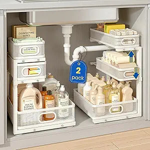 Under Sink Organizer, 3-Tier Pull Out Cabinet Organizer with Drawer Stops, Height Adjustable Slide Out Storage Rack for Kitchen Bathroom Pantry Laundry Room Organization, 2 Pack