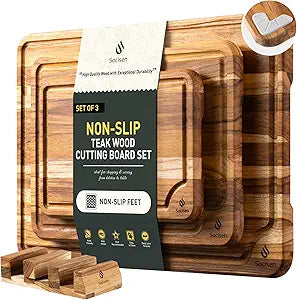 3 Pack Teak Wood Cutting Board Set for Kitchen Charcuterie Board Serving Heavy Duty Non Toxic Slip Over Sink Solid Thick Haus Wooden Chopping Board Large Big Small Meat Best Kitchen Mother Gift