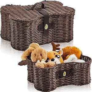 Barydat 2 Set Large Small Dog Toy Basket with Lid Bone Shaped Basket for Dog Natural Wicker Woven Handmade Pet Puppy Toy Organizer and Storage Box Bin for Cats(Wicker,Dark Brown)