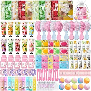 130 PCS Spa Party Supplies for Women, Include Face Masks Skincare, Hand Cream, Lip Balm, Lip Mask, Under Eye Patches,Hair Brush, Foot Bath Bombs,Spa Birthday Sleepover Party Supplies for Girls Women