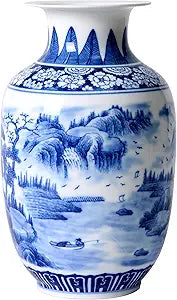 Blue and White Vintage Vase Chinoiserie Farmhouse Decorative Vases Flower Terracotta pots for Tableshelf Bookshelf Bathroom Living Room Kitchen 9.4 inch