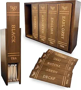 The Tea Library | Elegant Countertop Storage & Display Piece for Tea Enthusiasts | Set of 5 Book-Inspired Storage Boxes with Stand | 10 Sliding Lids with Labels | 100% Bamboo