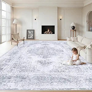 XLUEZ Area Rug 9x12 Living Room Rug, Machine Washable Vintage Distressed Medallion Rug Non-Slip Soft Low Pile Large Indoor Rugs for Bedroom Kitchen Dining Room Office(LightGrey,9'x12')