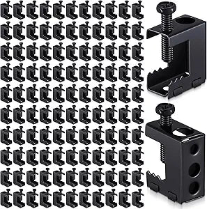 Tandefio 100 Pcs 1/4"-20 Spring Steel Beam Clamps Metal Beam Hangers Bolt on Clamp for Installation on Beams 1/4" and 3/8" Threaded Rod, S Hooks Bridle Rings for Pipe Cable Woodworking Tool (Black)
