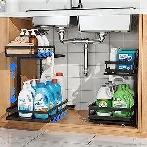 Under Sink Organizer, Dual-Rail Ball-Bearing, Under Kitchen Sink Organizer, 6-Level Adjustable, Under Cabinet Organizer, No-Drill Adhesive/Suction, Under Sink Storage (Black, Double Layer - 2 Pack)