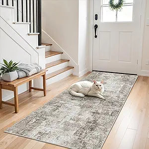 3x7 Washable Non-Slip Kitchen Runner Rug  Modern Abstract Neutral Beige & Gray Carpet for Hallway, Entryway, Bedroom, Laundry Room  Low-Pile Thin Wide Floor Runner with Rubber Backing